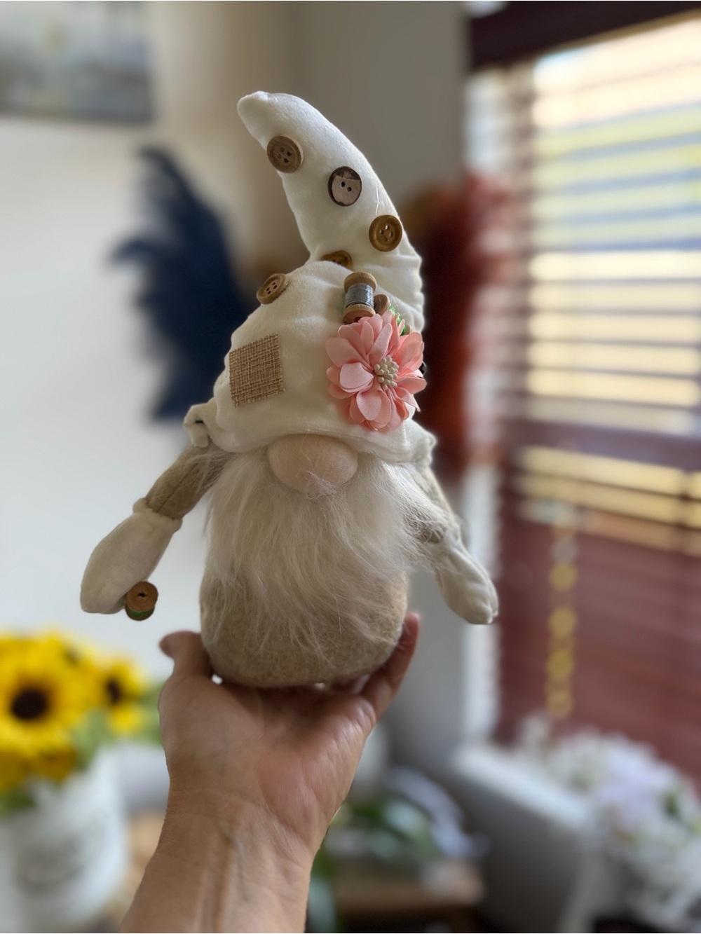 Handcrafted Cream and Pink Gnome Sewing Accent